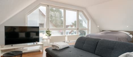 Televisie, boeken, een stereo en een kantoor