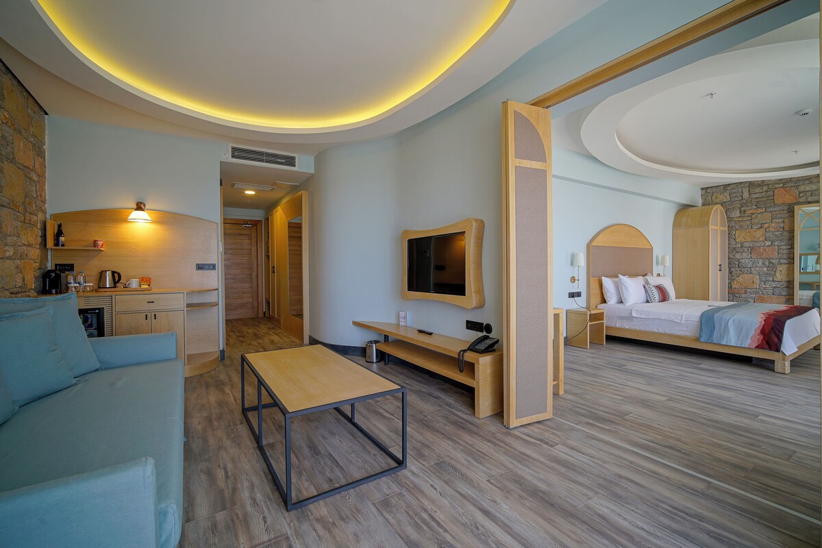 A modern hotel room with a sofa, a bed, a TV, a desk, and a kitchenette.