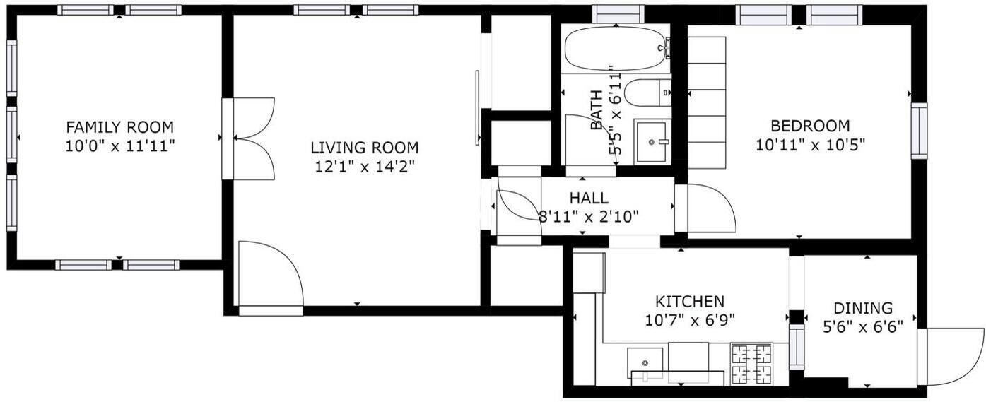 A floor plan with a family room, living room, bathroom, bedroom, kitchen, dining area, and hall.