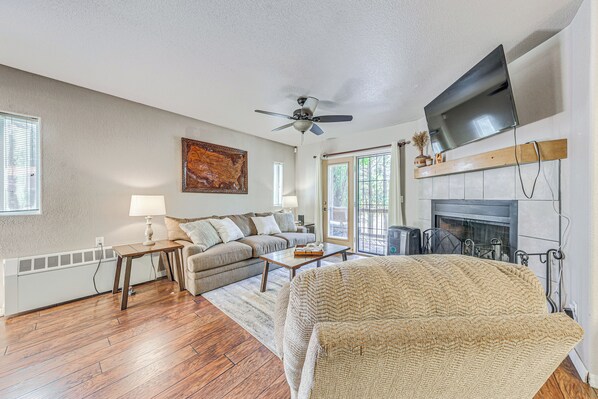 TV, fireplace, books