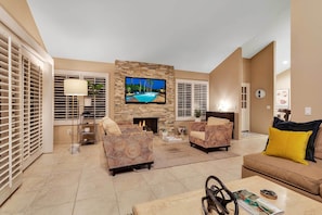 TV, fireplace, books