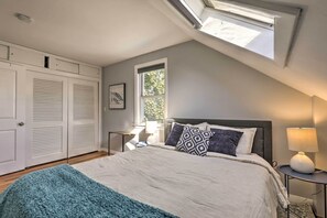 2 bedrooms, desk, laptop workspace, iron/ironing board