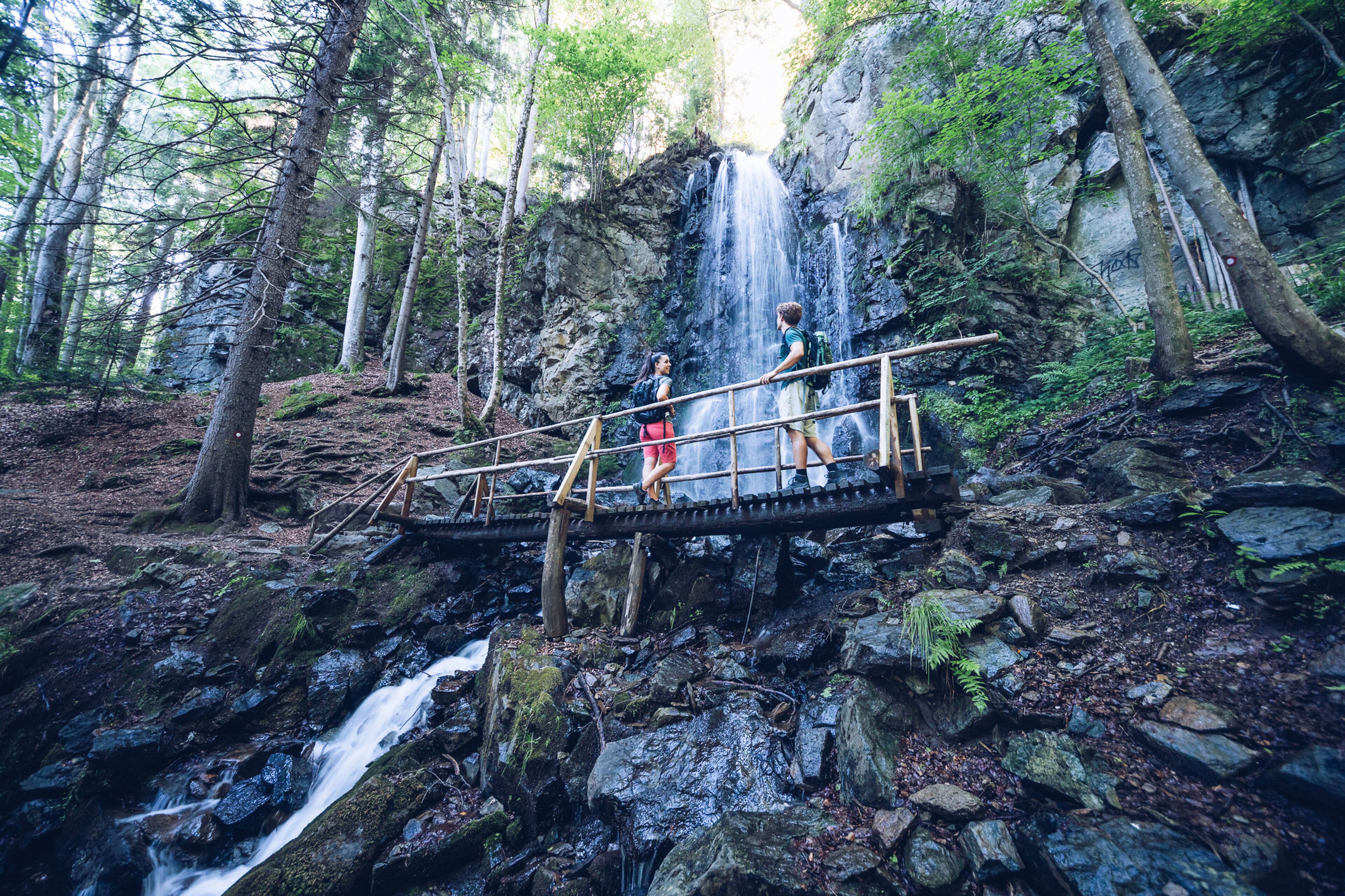 A wooden bridge over a waterfall in a forested area.
