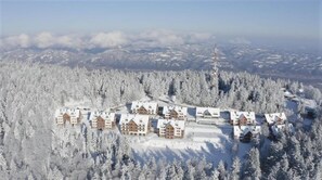 Un refugio cubierto de nieve con varias edificaciones, rodeado de un bosque denso y montañas.