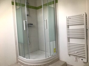 Shower, hair dryer, towels, toilet paper