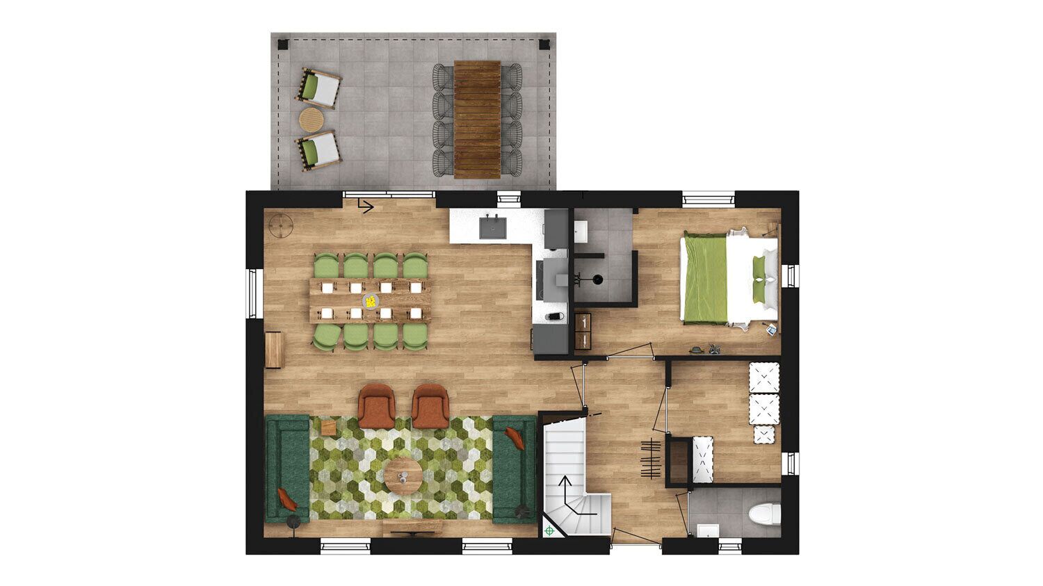 A hotel room layout with a dining area, a kitchen, a bathroom, and a small outdoor seating area.