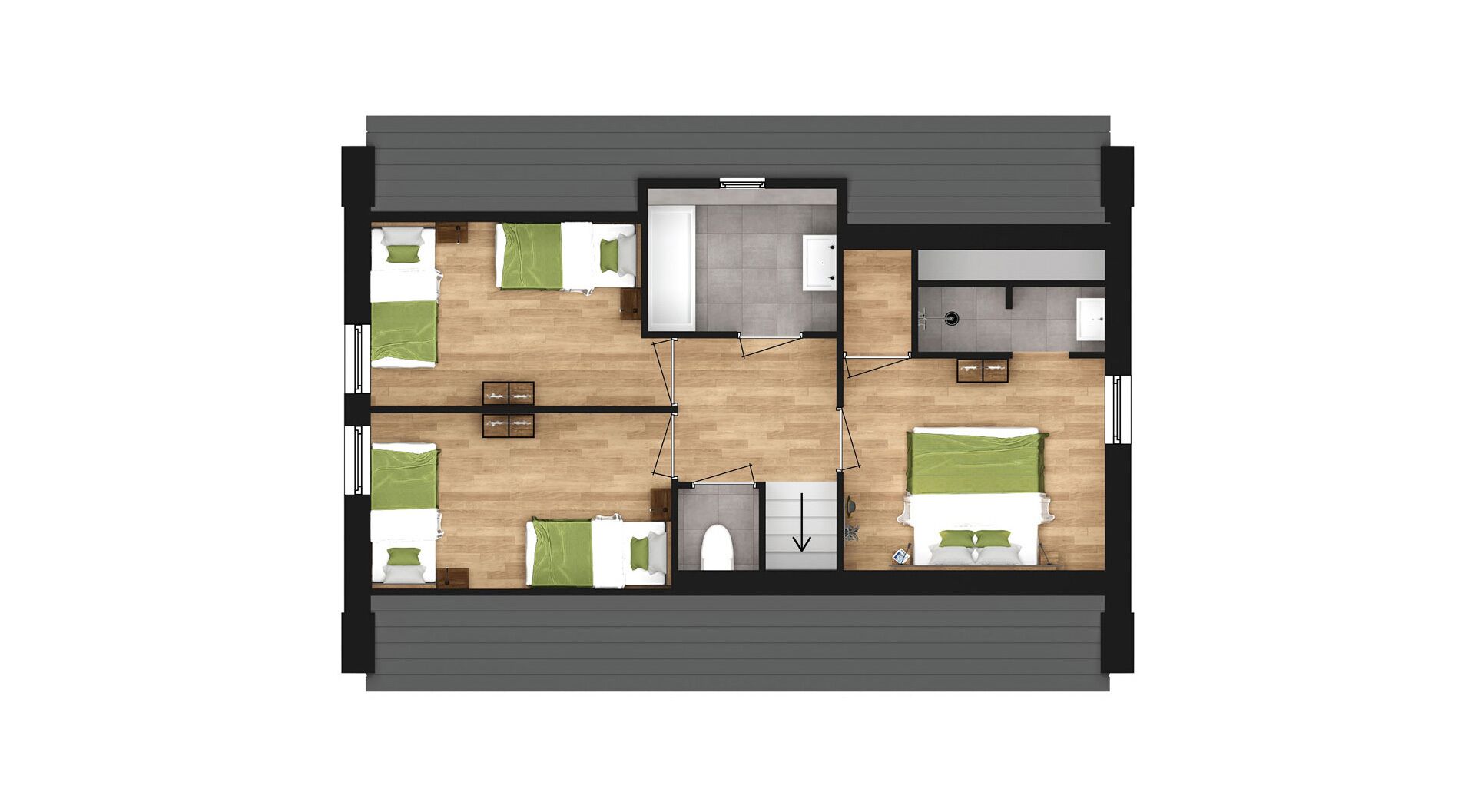 Un appartement de deux chambres comprenant un salon, une cuisine et une salle de bain.
