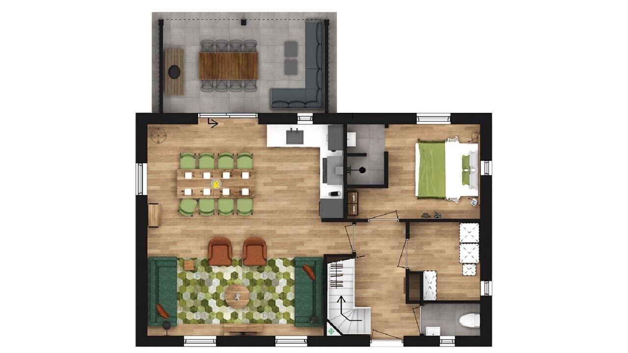 Distribución de una habitación de hotel con sala de estar, comedor y un dormitorio independiente.