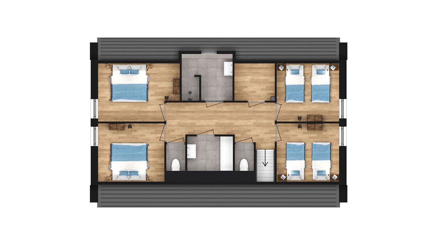 A hotel layout with four bedrooms, a common area, and a bathroom.