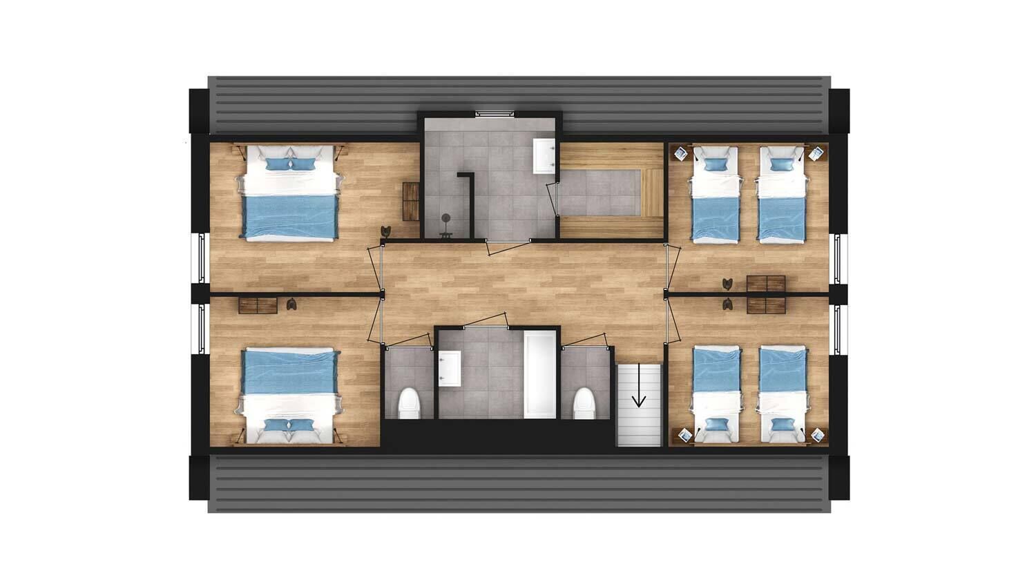 A hotel layout with four bedrooms, two bathrooms, a dining area, and a small kitchen.