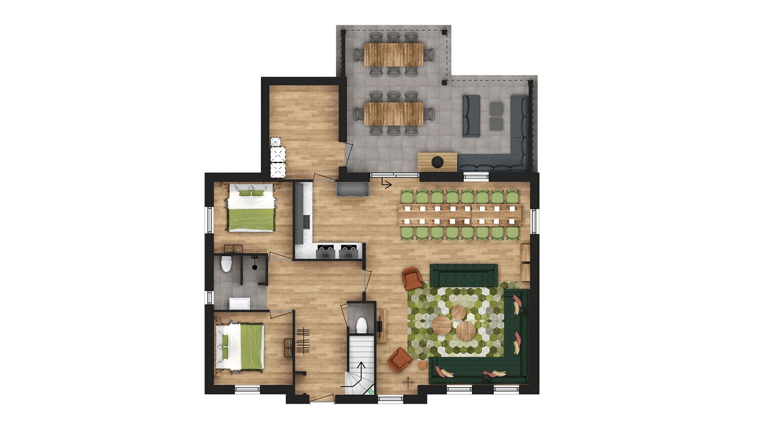 Plano de un cuarto de hotel con una cama, un escritorio, una silla, un baño pequeño, una kitchenette y una sala de estar con un sofá y una mesa de centro.