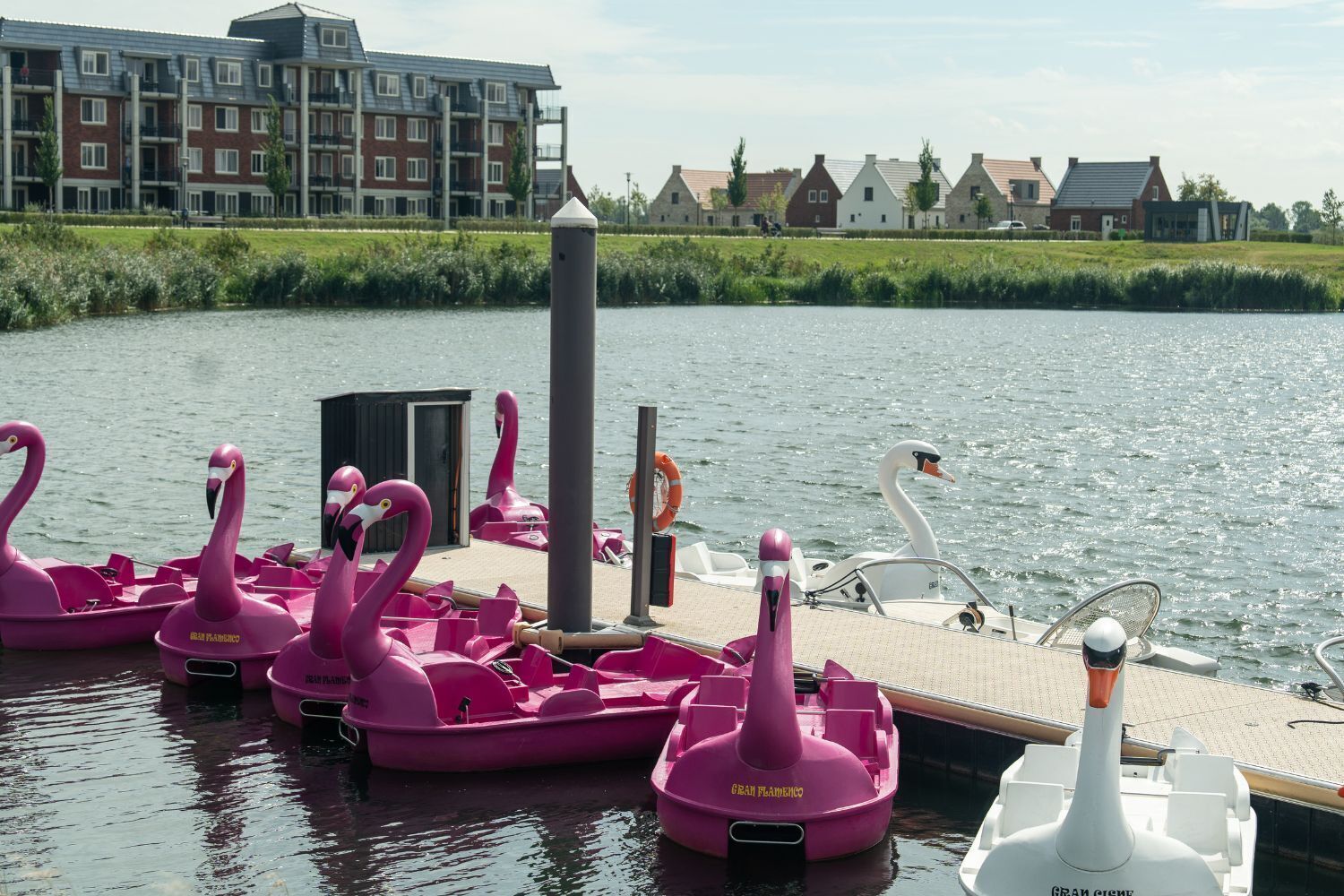 Un canal con barcas con forma de flamenco rosa y cisnes, un embarcadero y una fila de casas al fondo.