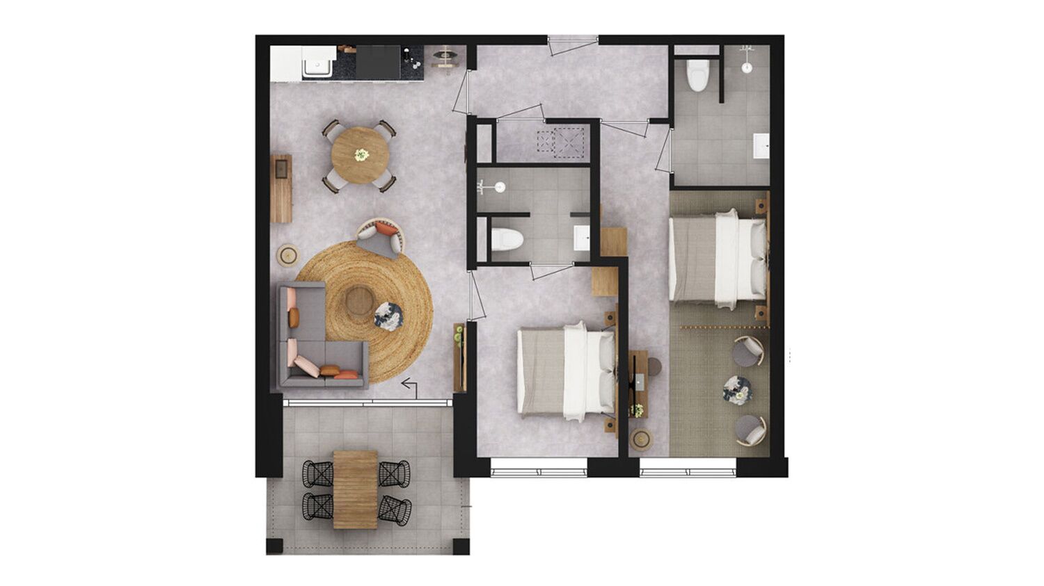 Un hôtel comprenant un espace repas, un salon avec un tapis rond, une chambre avec un lit et des tables de chevet, et une salle de bain avec des toilettes et un lavabo.