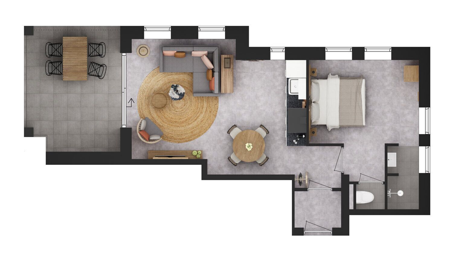 A hotel room layout with a dining area, sofa, round table, and a separate bathroom.