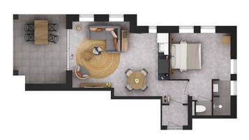 A hotel room layout with a dining area, sofa, round table, and a separate bathroom.