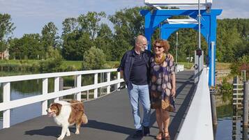 A couple walking on a bridge with a dog, surrounded by greenery and water.