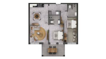 Distribución de una habitación de hotel con una cama, dos zonas de estar, un baño y un comedor.