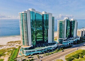 Situated beachfront, this high-rise hotel offers ocean views from its curved balconies.