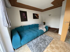 A room with a teal sofa, a grey rug, wooden flooring, and a door. - Ferienwohnung Toja (Aletshausen)