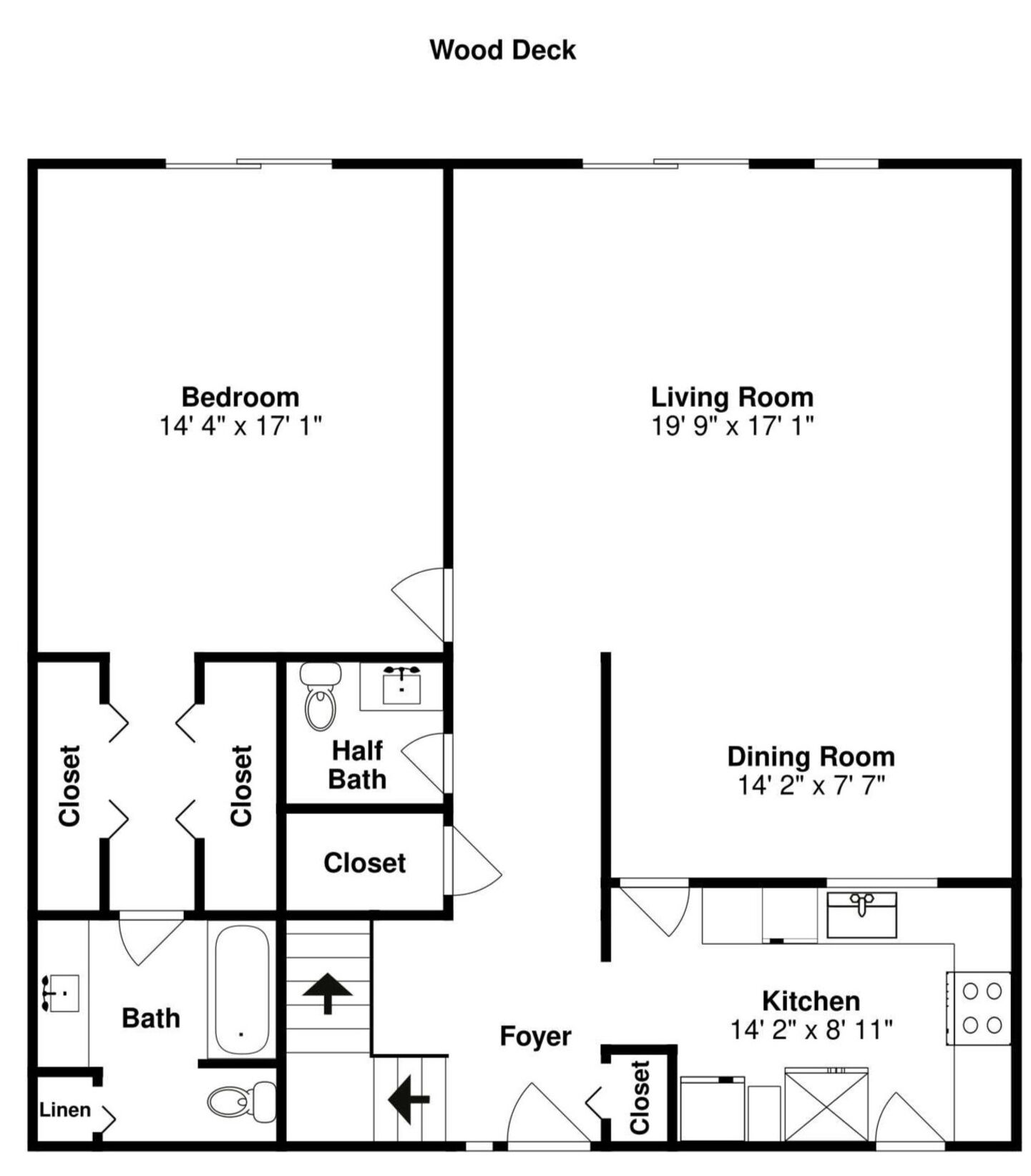 Un plan d’étage d’une maison comprenant une chambre, un salon, une salle à manger, une cuisine, une salle de bain, des toilettes, un hall d’entrée, des placards et une buanderie.