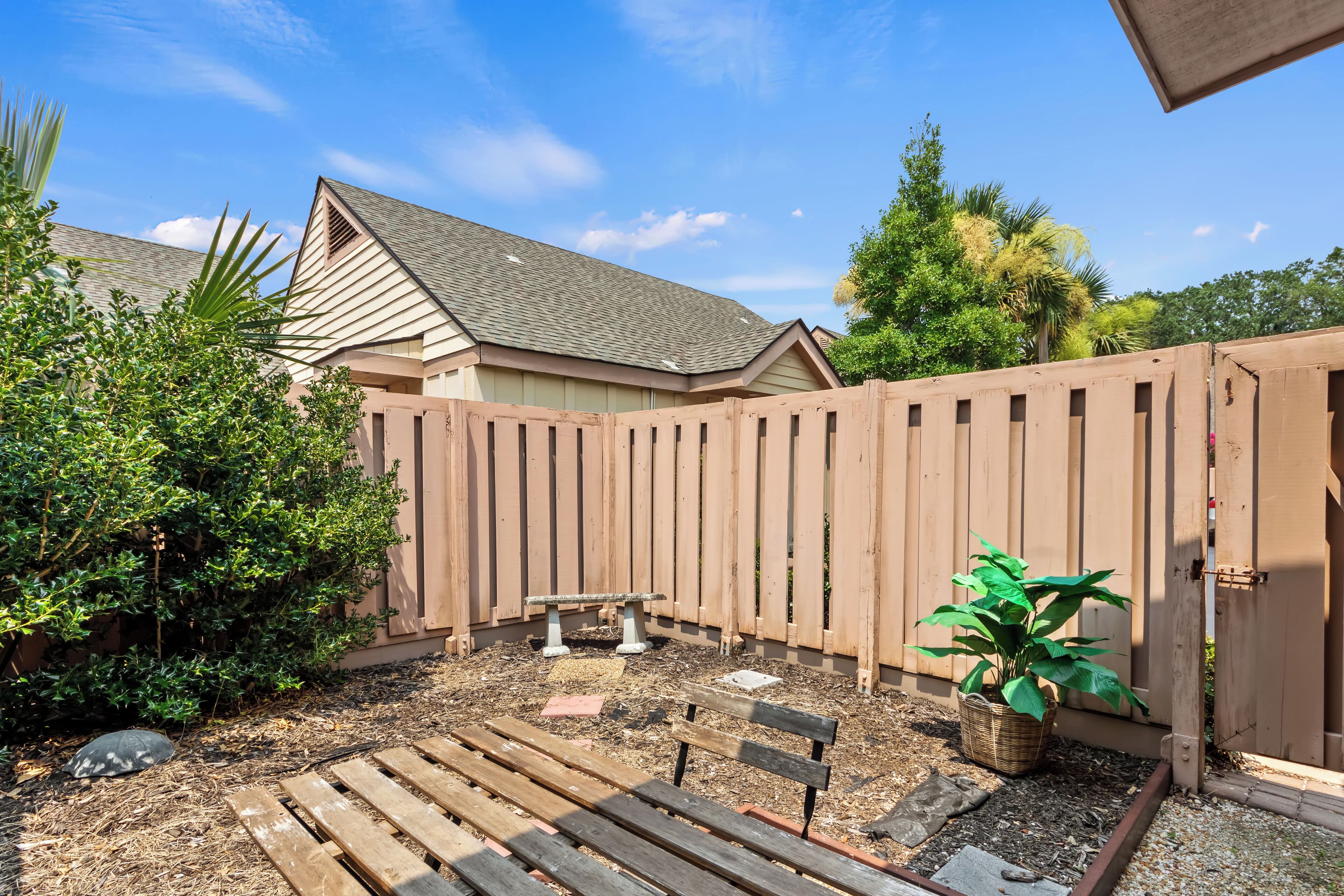 A backyard with a wooden fence, a bench, and a potted plant.