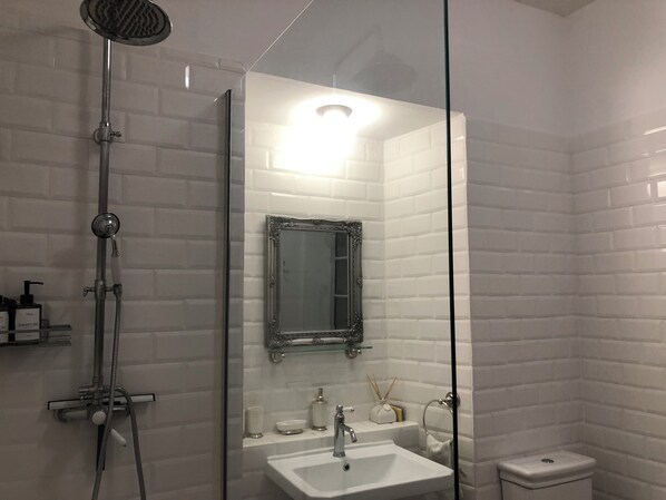 A bathroom with a glass shower enclosure, a white sink, a mirror, and a toilet.
