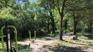 Zona de ejercicios al aire libre con equipamiento verde, rodeada de árboles y un sendero de grava.