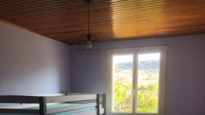 Una habitación con dos literas, una ventana con vistas, un radiador y un armario pequeño.
