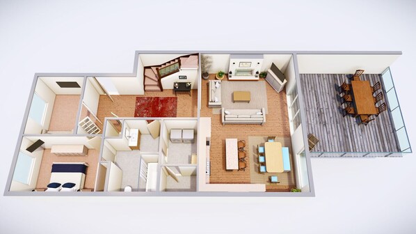 Plano de un cuarto de hotel que incluye sala de estar, comedor, cocina y baño.
