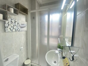 Shower, towels, soap, toilet paper