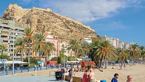 Een strand met palmbomen, een zandstrand en gebouwen op de achtergrond.