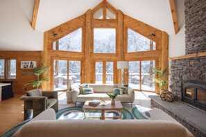 TV, fireplace, books, stereo