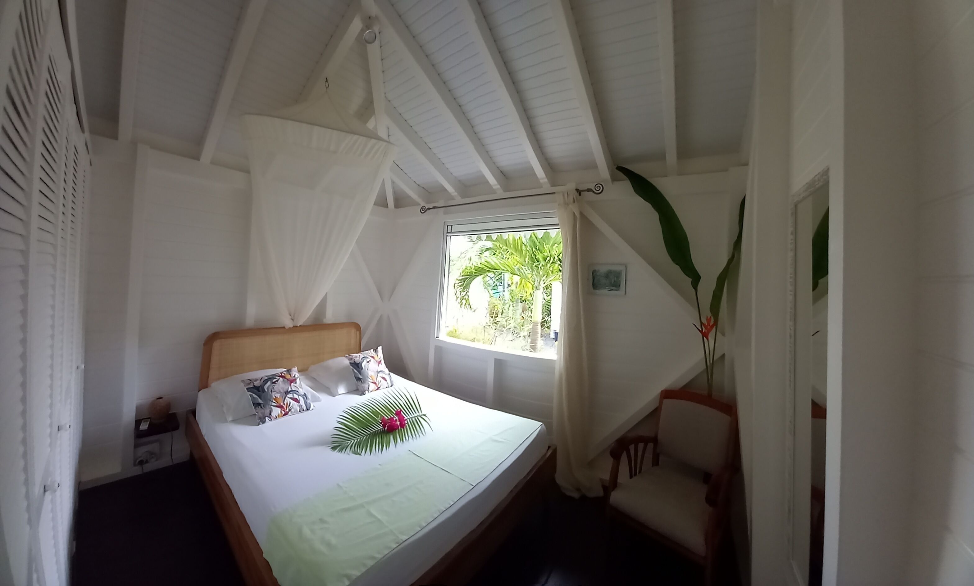 Une chambre à coucher avec un lit, une fenêtre, une chaise et une plante.