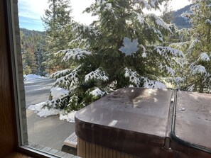 A view from a window with a snow-covered tree outside. - Mountain hideaway, minutes from Mission Ridge Ski and Board Resort (Wenatchee)