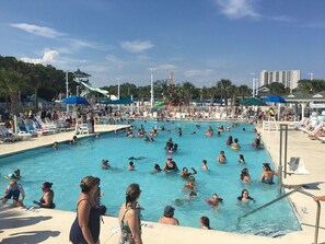 Una gran piscina exterior amb diverses línies, envoltada de gandules i ombrelles.
