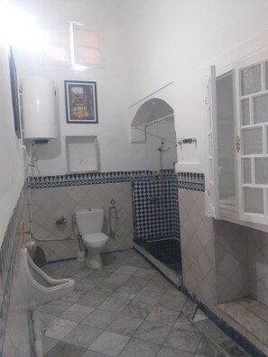 Een bad/douchecombinatie, een bubbelbad, een bidet