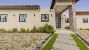 A modern house with a paved driveway, a covered entrance, and a well-maintained garden. - NEW 6BR Villa w/ Pool across street @ PalmBeach (Noord)