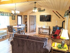 Smart TV, fireplace, books