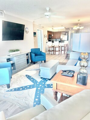 Smart TV, ping pong, books, computer monitors