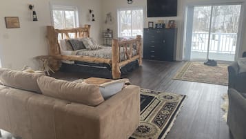 Smart TV, fireplace, books, stereo