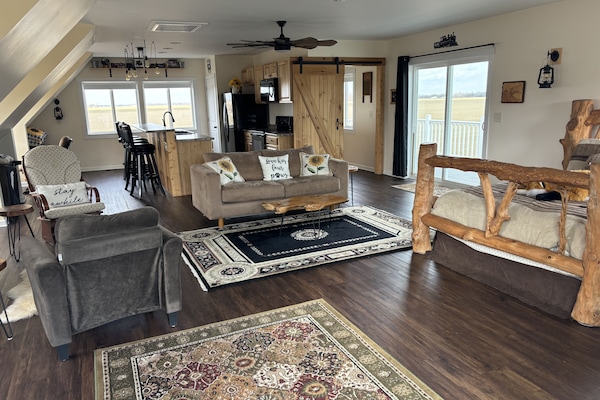 Smart TV, chimenea, libros, estéreo