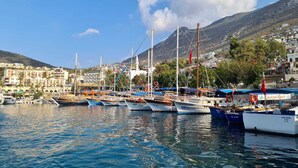 Un puerto deportivo con varias embarcaciones amarradas, un paisaje montañoso al fondo y un pueblo costero con edificios.