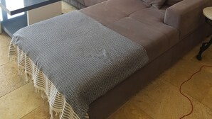 Una sala de estar con pared de piedra, un sofá con cojines, una mesa de centro y una manta con diseño.