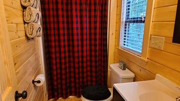 Shower, towels, toilet paper