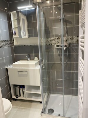 Douche, séchoir à cheveux, savon, papier de toilette