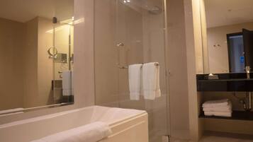 Hair dryer, slippers, towels, soap