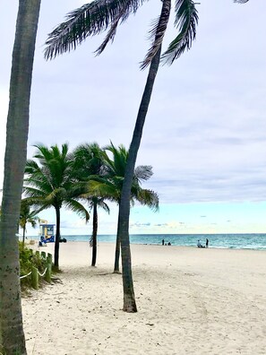 A sandy beach with palm trees and a lifeguard tower in the background.