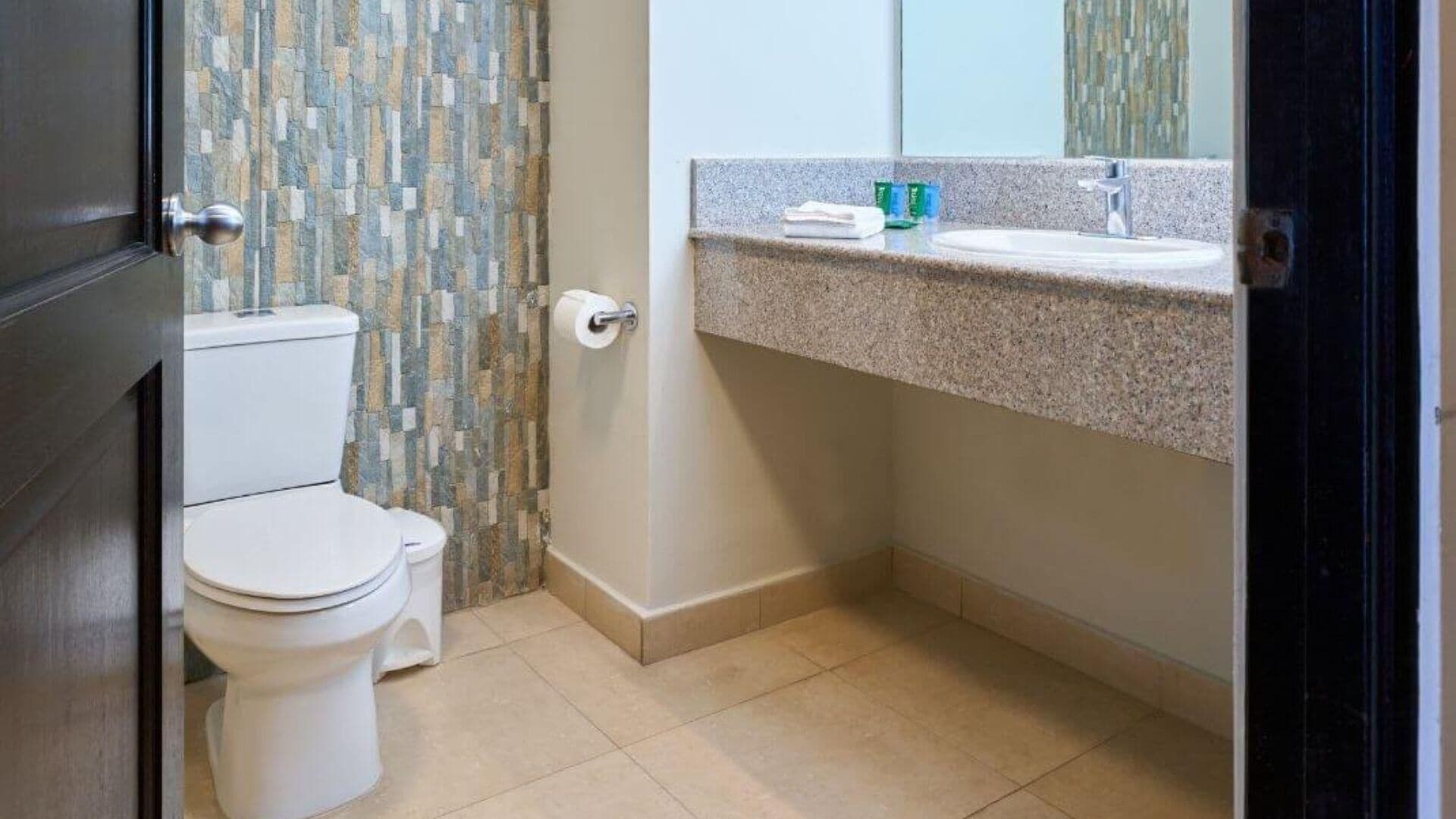 Une petite salle de bain avec des toilettes, un lavabo et un miroir.