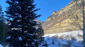 Un ponte di legno coperto di neve con ringhiera, affaccia su un paesaggio innevato con un grande abete e una montagna sullo sfondo.