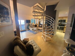 Smart TV, fireplace, books, computer monitors